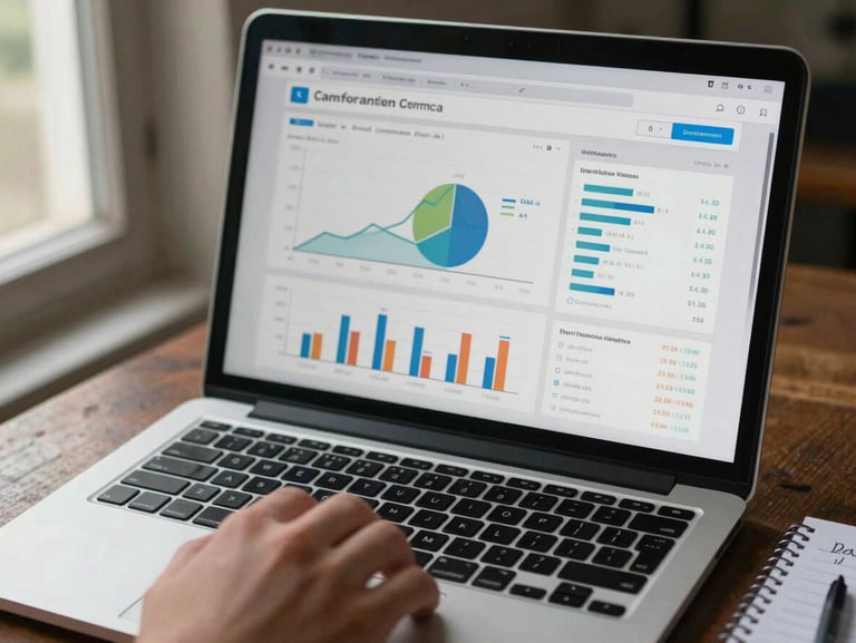 Close-up overhead of a laptop screen showing campaign performance dashboard with engagement rate graphs and audience demographic breakdowns, natural daylight from a side window, a hand resting near the trackpad mid-review, notebook with handwritten notes partially visible at frame edge