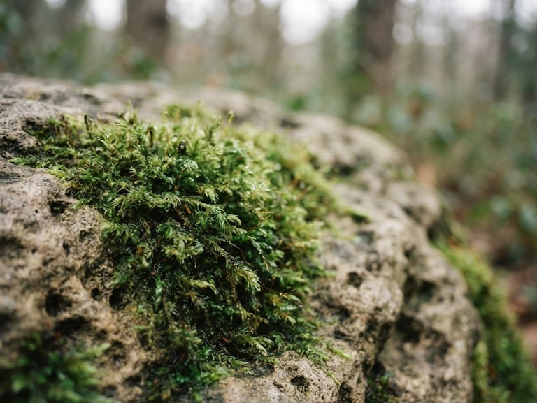 Soft-focus close-up of green moss growing on a warm grey stone, diffused overcast forest light, shallow depth of field, 35mm film