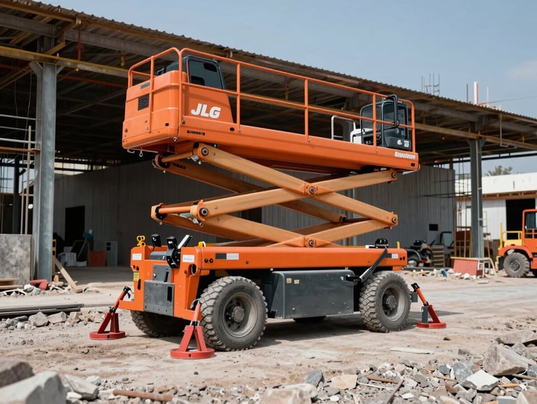 An orange JLG rough-terrain scissor lift extended on a rugged construction site outside San Luis Potosí, stabilizers firmly deployed on gravel, industrial steel structure in the background under bright daylight.