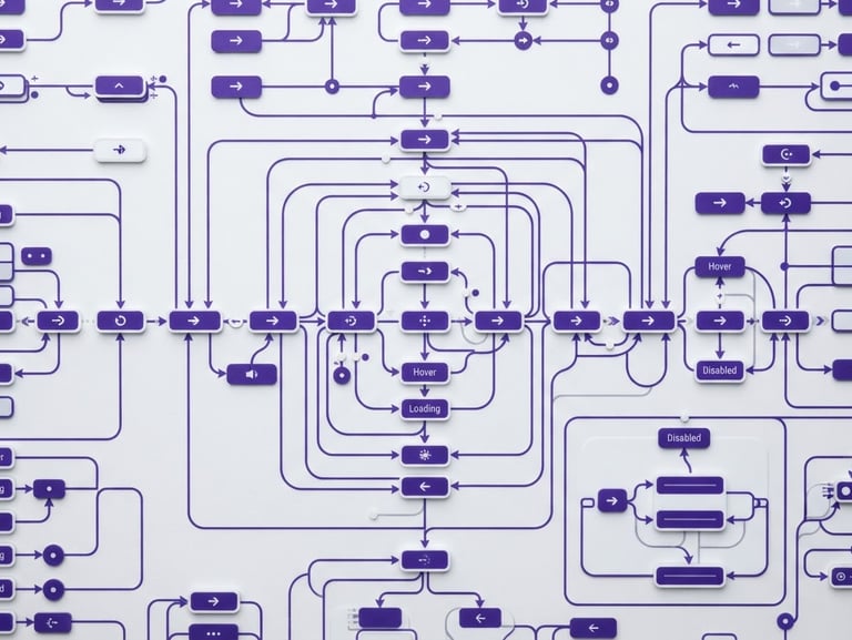 Macro close-up of a structured UI component state diagram, perfectly aligned orthographic view, crisp studio lighting, bright white and royal purple accents, sharp macro lens.