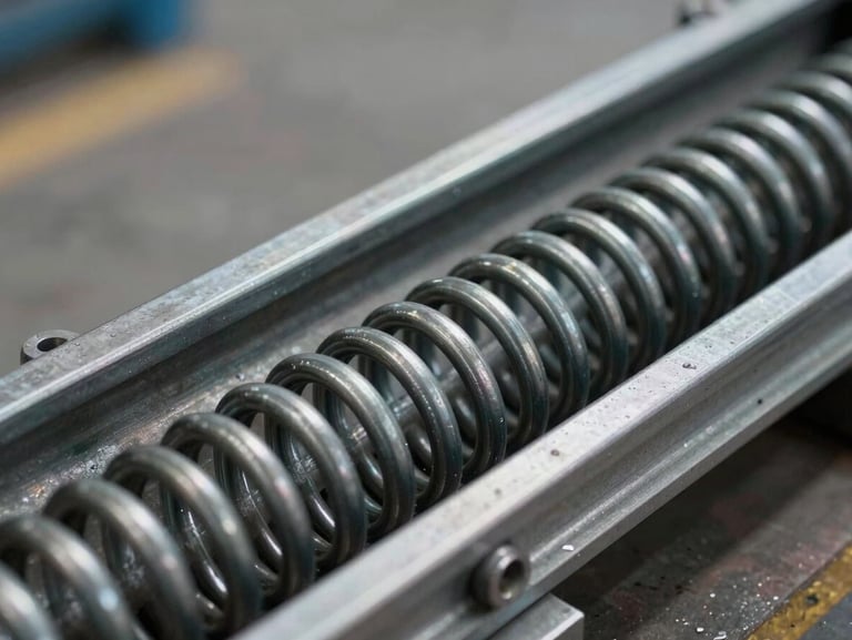 Macro detail of heavy-duty steel torsion spring and clean galvanized track assembly, natural side light, industrial precision focus