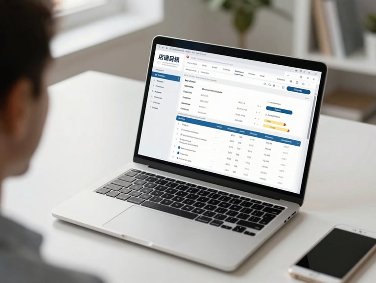 Over-the-shoulder shot of a clean modern workspace, a laptop displaying a structured business registration dashboard with clear charts, bright natural morning light, professional and organized atmosphere.