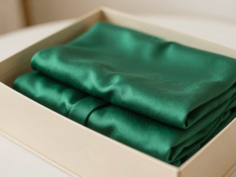 A close-up of folded emerald green silk garments inside a minimalist cream-colored box, soft natural light, shallow depth of field