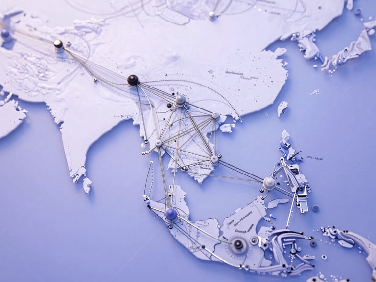 Orthographic schematic diagram of a high-precision network architecture routing path across Southeast Asia, bright clinical daylight, soft lavender ambient glows, clean technical lines.