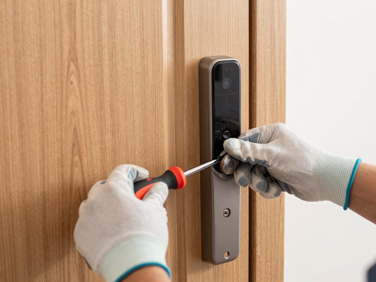 Hands in clean work gloves using a professional screwdriver to secure a smart lock onto a solid wood door, bright natural lighting