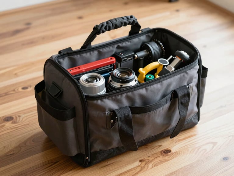 A neatly organized heavy-duty tool bag sitting on a clean hardwood floor, tools arranged in order, bright morning light.