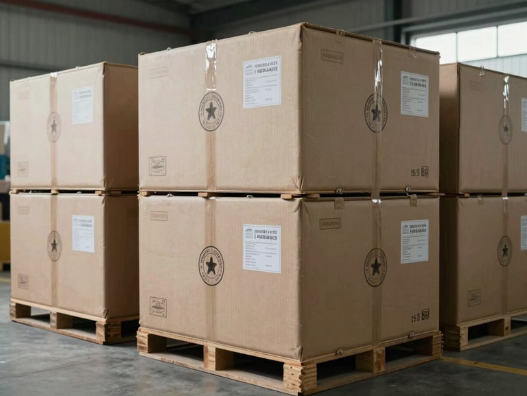Sealed export crates with visible quality assurance stamps and shipping labels stacked neatly in a clean warehouse, bright cool daylight.