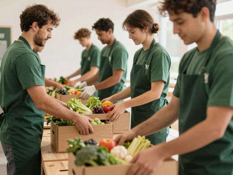 Candid shot of volunteers in matching forest green aprons packing fresh produce boxes under warm daylight.