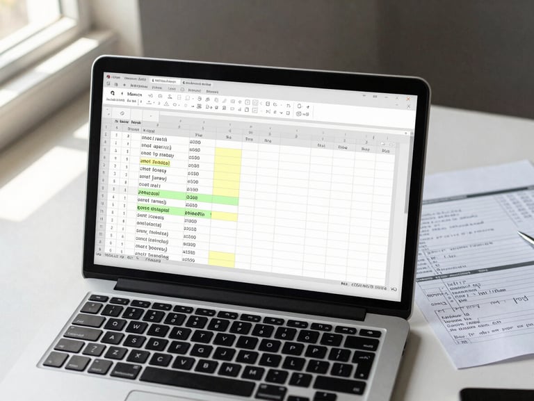 Overhead view of a laptop screen showing an Excel spreadsheet with formula cells highlighted, a printed worksheet with handwritten margin notes beside it, soft daylight from a nearby window casting gentle shadows, organized desk surface