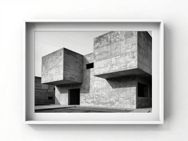 Minimalist silver halide photograph of brutalist concrete architecture, sharp shadows, rich grain texture, framed on a clean white gallery wall