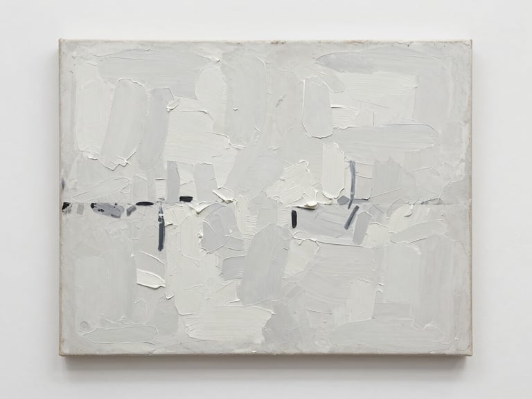 Orthographic straight-on shot of an abstract textured painting on canvas, heavy white and grey impasto brushstrokes, neutral gallery lighting