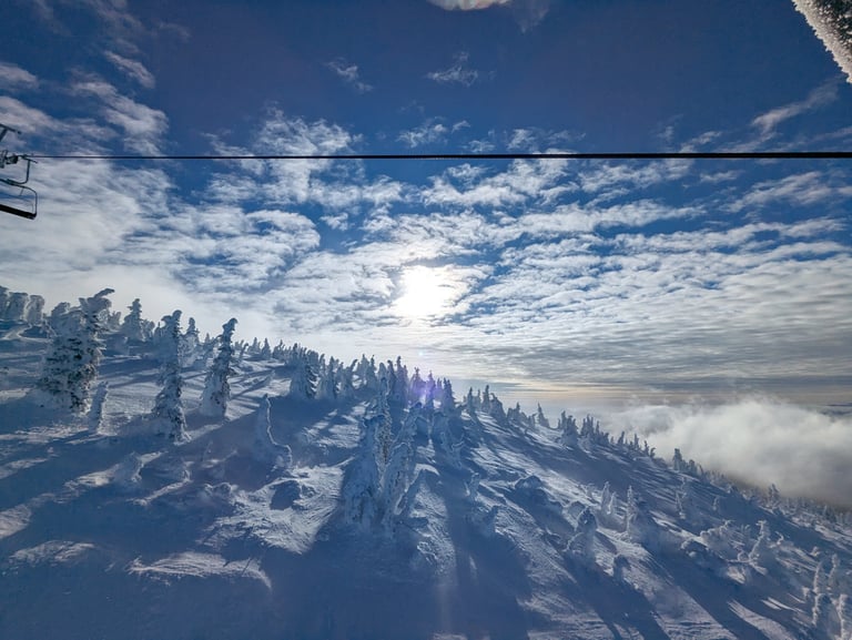 Snow-covered mountain ridge with frost-covered trees under bright sun and blue sky.