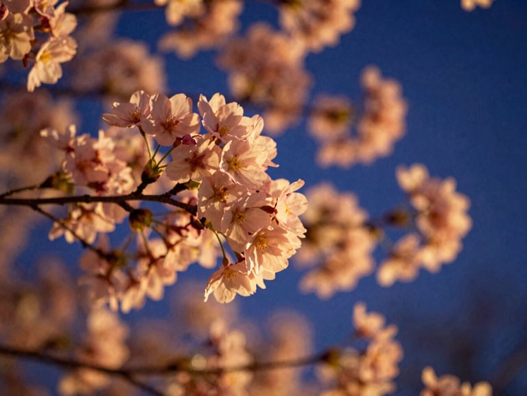 Close-up of vibrant cherry blossoms in Kyoto during golden hour, soft focus petals, deep indigo sky background, 35mm