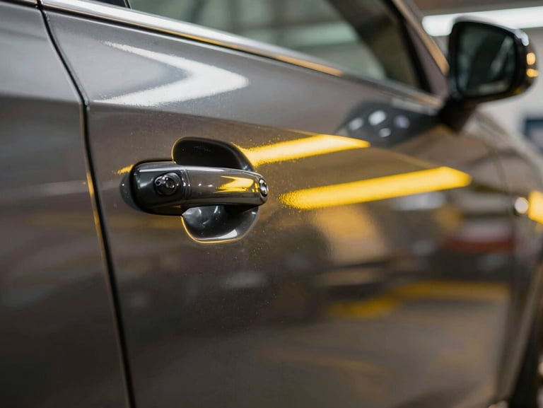 Macro shot of the same dark metallic car door, now perfectly smooth, reflecting perfectly straight, parallel yellow LED lines under bright workshop light.