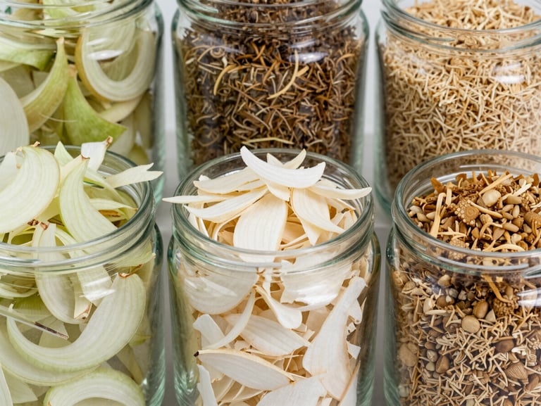 Crisp commercial photography of dehydrated white onion flakes and garlic granules in clean glass containers, bright natural daylight, clean agricultural styling, 35mm lens
