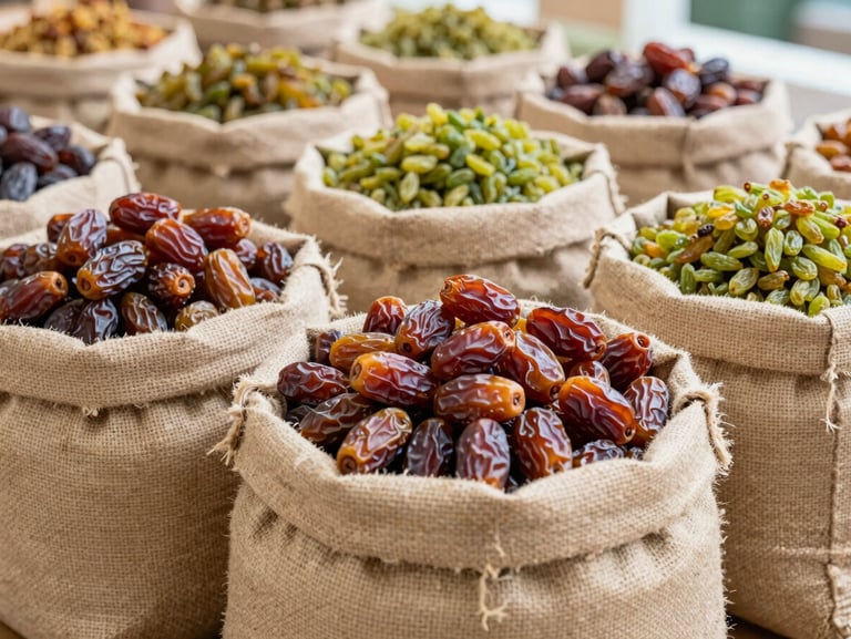Close-up of premium dried dates and raisins in bulk burlap sacks inside a clean, bright agricultural distribution facility, sharp focus, 35mm lens.