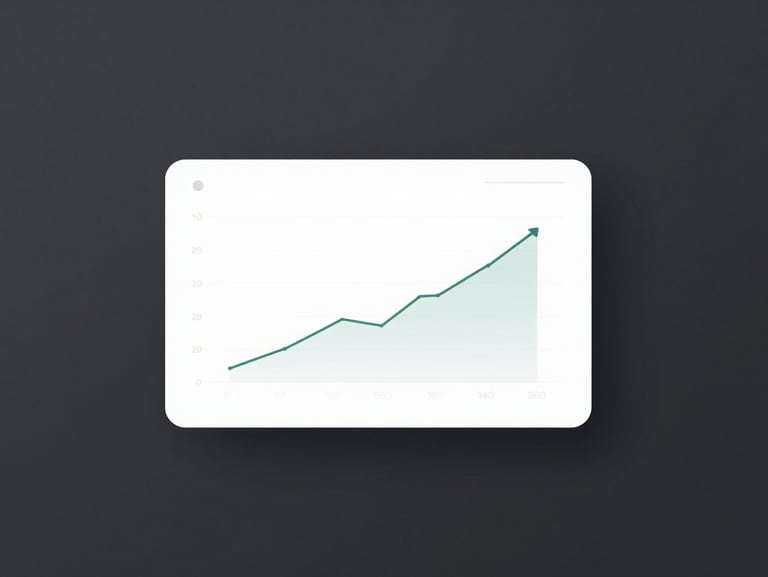 Minimalist digital interface showing an analytics dashboard with rising sales metrics, crisp studio lighting, clean charcoal tones