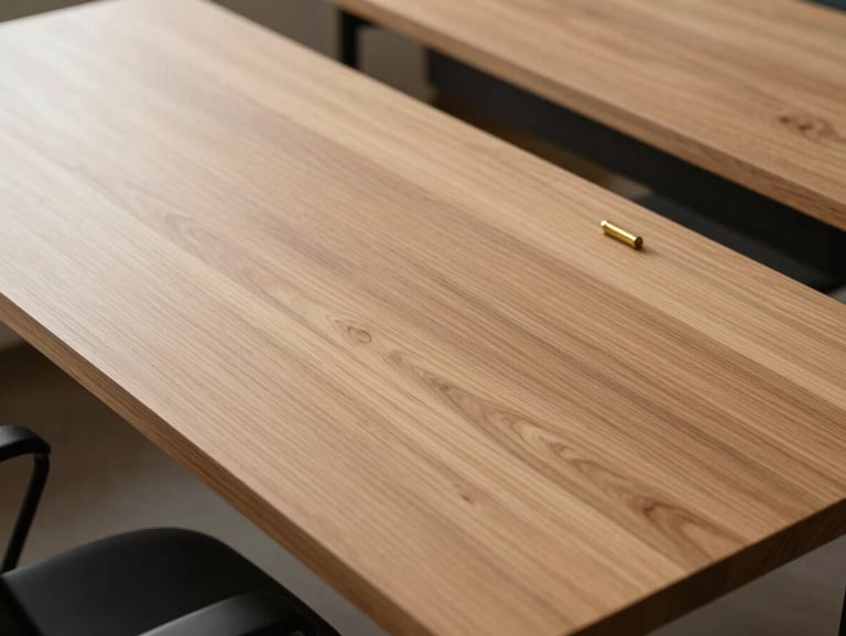 An abstract close-up of a high-quality, structured workspace with clean lines, a solid oak table surface, and a single brass element, bathed in soft daylight.
