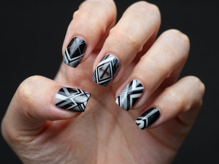 Ultra close-up of a hand with high-fidelity, custom printed geometric nail art, clean studio lighting, sharp focus on the intricate printed details.