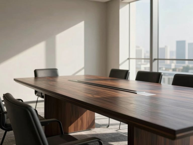 A minimalist, sunlit Dubai boardroom with a polished dark wood table, brushed metal details, high-end architectural daylight, soft deep shadows, clean composition.
