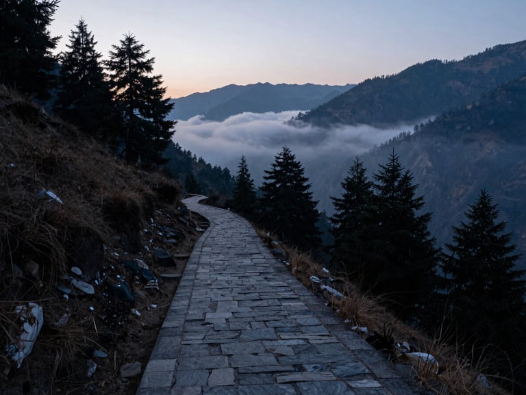 Wide mountain pass in Uttarakhand at dawn, a narrow stone pilgrim trail winding upward through conifer forest, low clouds in the valley below, cool blue-gray light, no people visible, austere and quiet