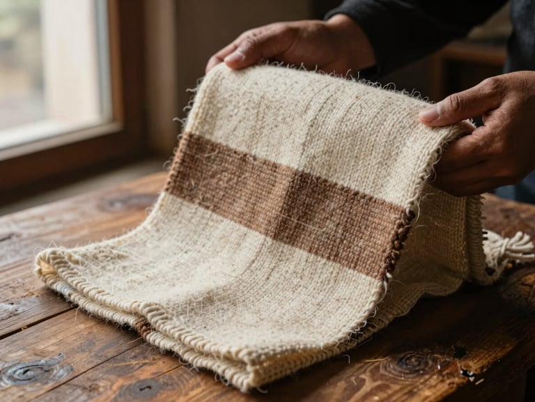 Close detail of hands holding a hand-woven wool textile in natural undyed cream and brown tones, rough wooden surface beneath, diffused window light from the left, Himalayan craft context, no faces