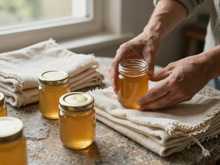 Close detail shot, hands arranging small glass jars of mountain honey and folded hand-loomed wool textiles on a rough stone surface, diffused daylight from a high window, earthy amber and cream tones, no labels visible