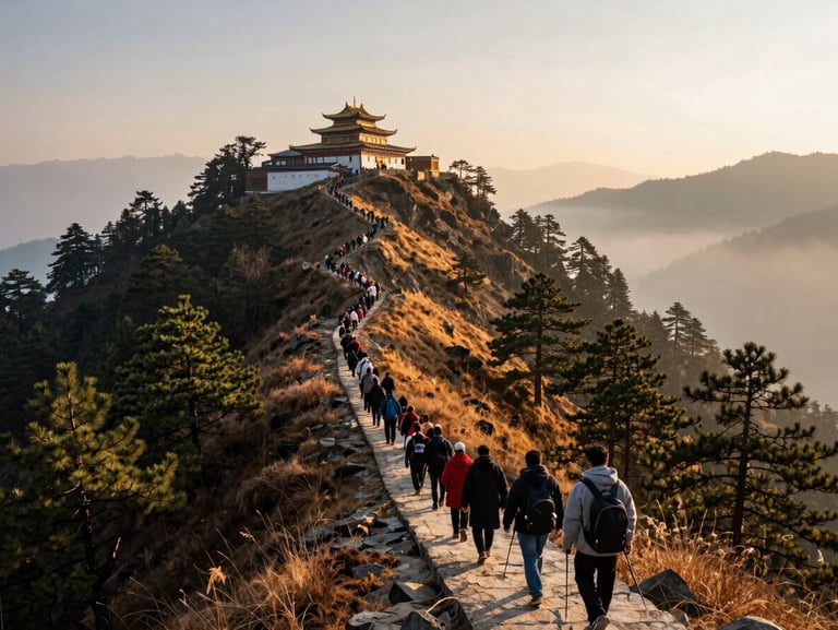 Close environmental frame, a column of pilgrims ascending a narrow stone path on a Himalayan hillside toward a distant temple, early morning golden light raking across the ridge, pine forest flanking the trail, mist in the valley below
