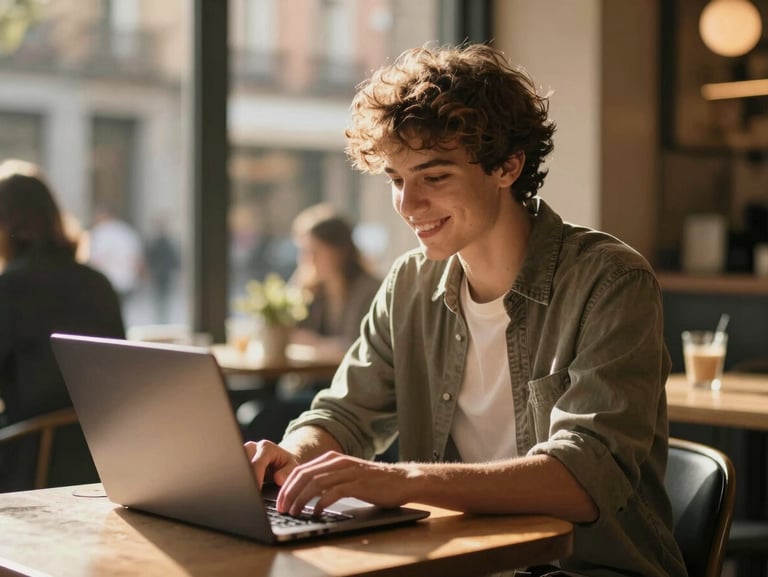 Candid shot of a young student sitting in a sunlit Madrid cafe, working on a laptop, smiling, warm golden hour sunlight filtering through.