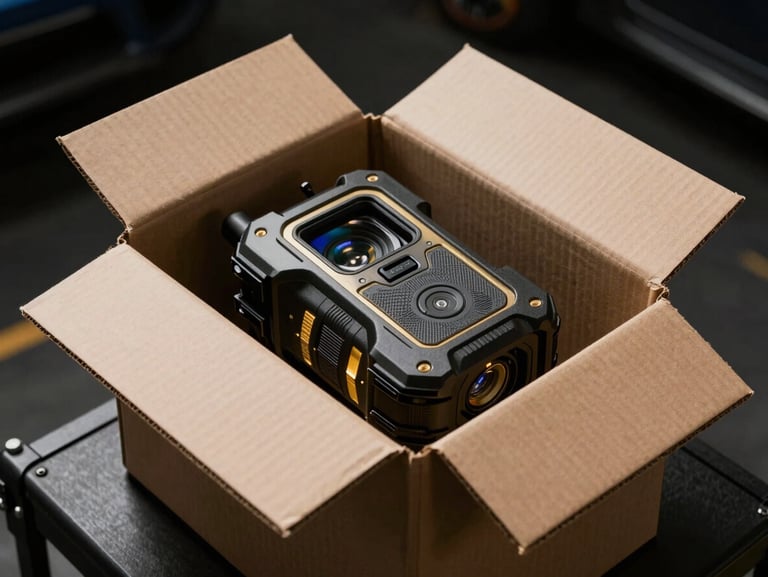 A rugged portable tracking device hidden inside a cardboard cargo box, dramatic lighting, industrial setup