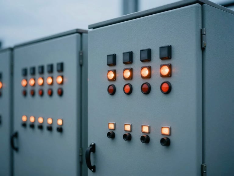 Industrial control panel with glowing indicators on an active terminal site, cool overcast daylight, high-contrast orange accents.