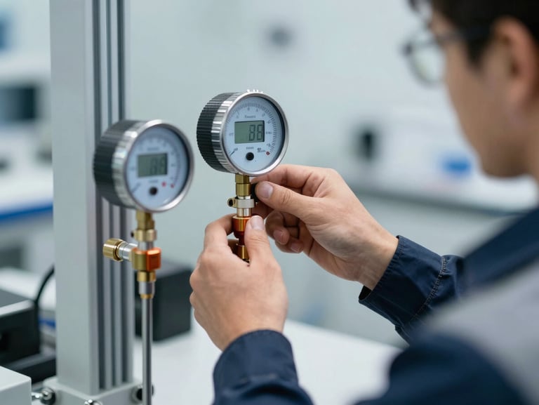 Close-up of a technician in clean high-visibility gear calibrating a digital flow meter in a cool-toned industrial lab environment, sharp focus, 35mm lens.