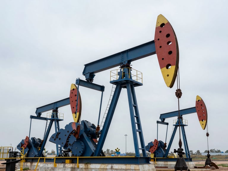 Wide environmental shot of an active midstream oil and gas terminal under cool overcast daylight, steel blue tones, sharp industrial focus.