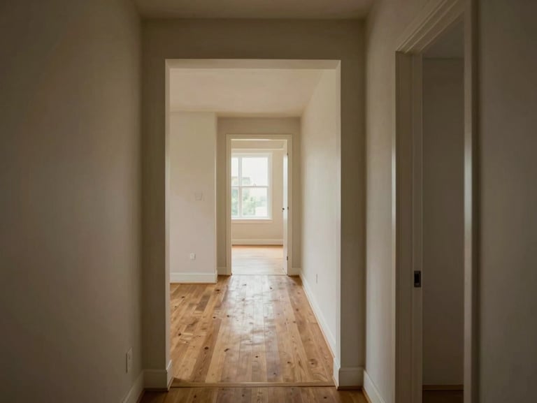 Wide-angle view from a hallway looking through consecutive rooms of an unfurnished townhouse, natural daylight entering from windows at the far end, architectural doorframes creating depth and framing, warm hardwood floors throughout