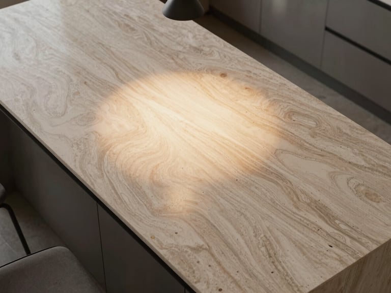 Tight overhead shot of a distinctive kitchen island with stone countertop, a single pendant light casting a clean pool of warm daylight, minimal clutter, sharp material detail visible in the grain of the stone