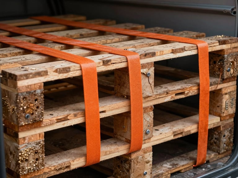 Close-up of heavy-duty tensioned orange cargo straps securing large industrial wooden pallets inside a transport vehicle, dramatic side lighting highlighting the weave of the straps.