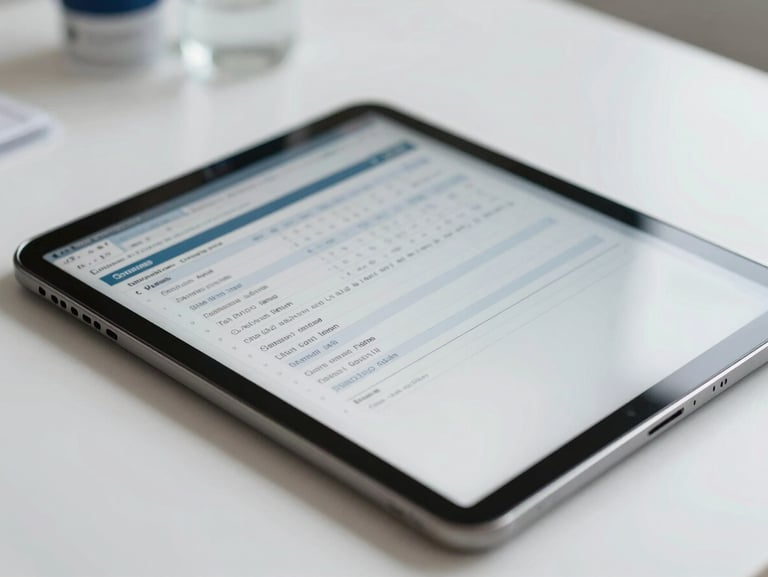 A close-up of a digital tablet displaying clinical diagnostic charts and structured medical case data on a clean white desk, soft natural daylight.