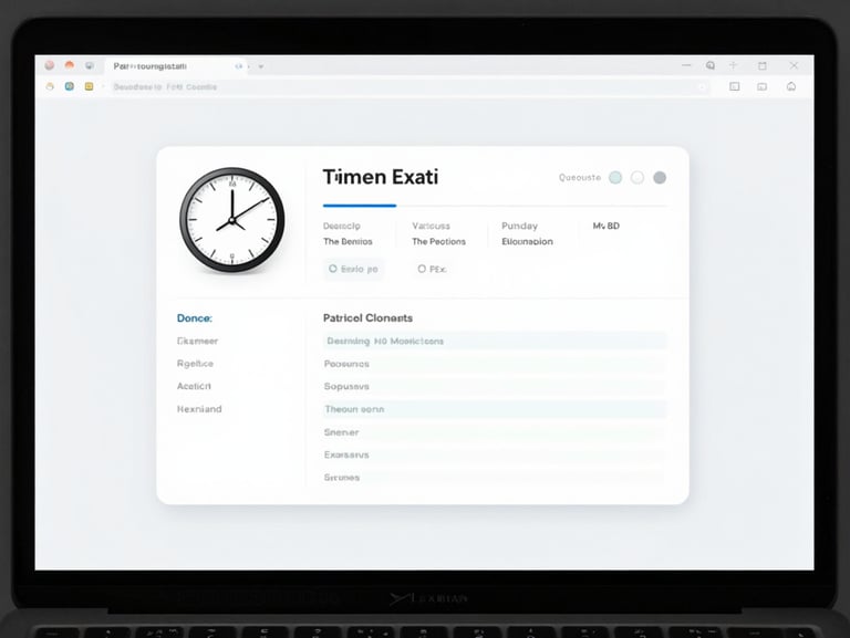 Minimalist mockup of a desktop screen showing a timed exam interface with a countdown clock and patient clinical history, sterile white light.