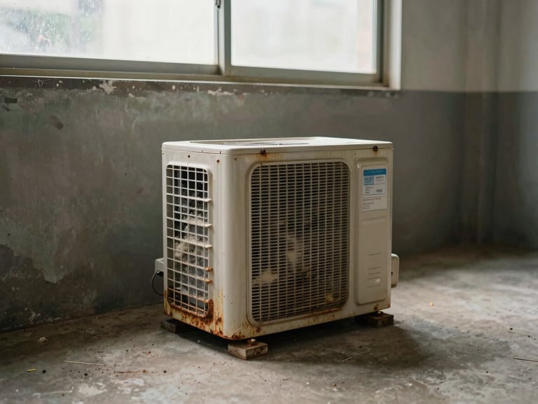 Wide environmental shot, natural daylight — old window AC unit sitting on a concrete floor in a storage room, unit label and rust-spotted casing visible, dust on the vents, no people; muted ambient light through a high window
