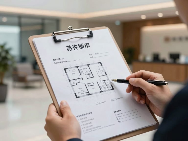 Close-up of official permit documents and a floor plan diagram on a clipboard, held by a coordinator in a modern office lobby.