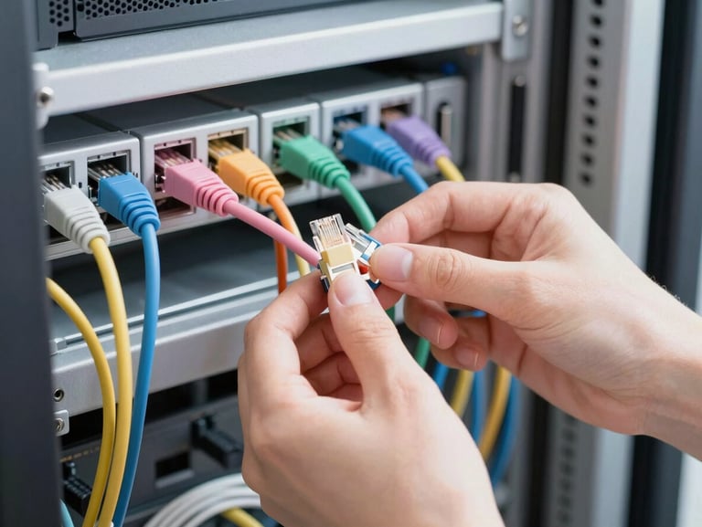 Close-up of hands neatly organizing colorful ethernet cables behind a clean server rack, soft daylight, 35mm