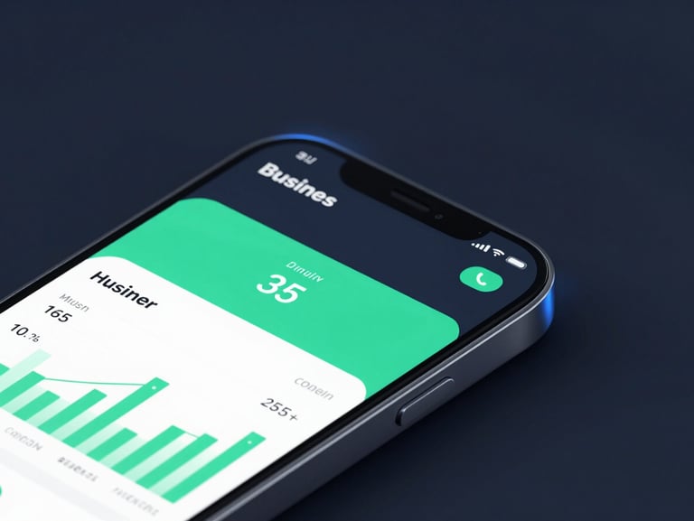 High-fidelity Android mockup of a dark-mode business tracker app, showing clean financial charts with vibrant mint green accents, studio lighting