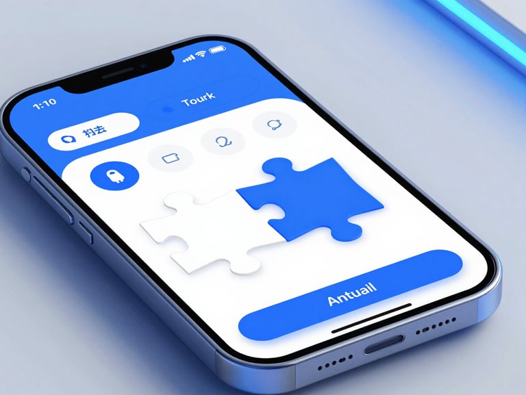 High-fidelity Android mockup of an educational app, showing a clean interactive puzzle interface with vibrant electric blue accents