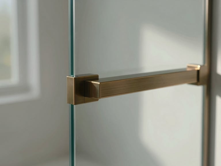 Close-up of a custom bathroom glass partition with brushed-bronze hardware, flawless mitred edges, bright natural daylight highlighting the glass thickness.