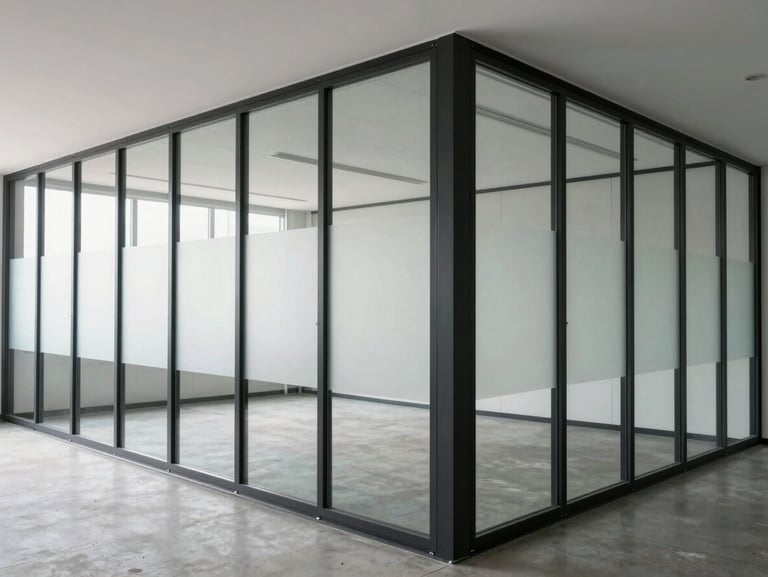 Wide-angle view of structural office glass partitions with matte black metal profiles, clean lines, diffused daylight, showing precise hardware integration.