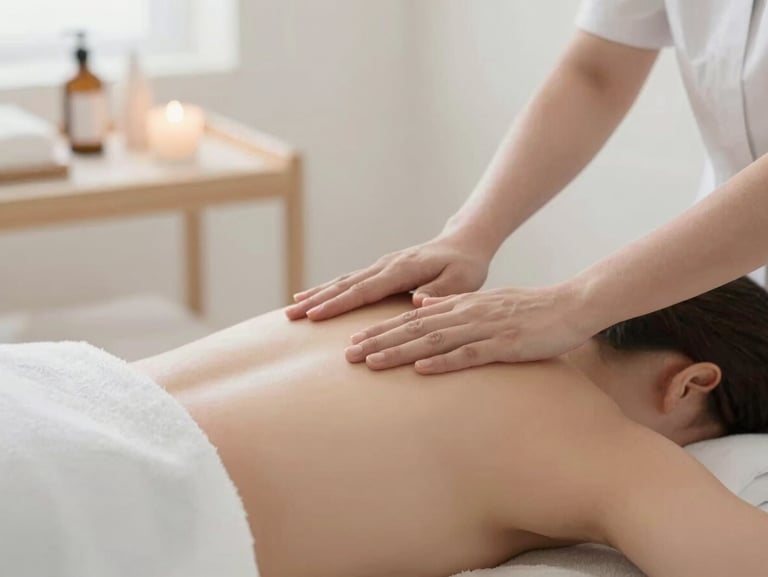 Serene body treatment session, gentle touch, soft-focus aesthetic clinical environment, warm tones
