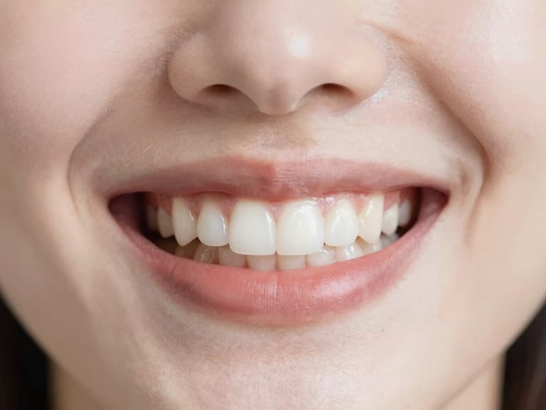 Soft focus dental aesthetics, clean clinical details, serene smile care, warm diffused daylight