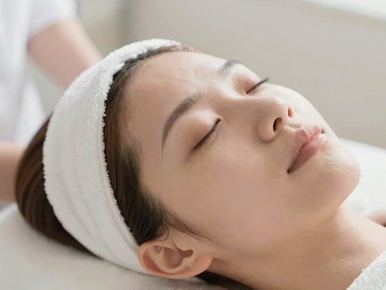 Delicate skin care application, aesthetic facial treatment, soft focus, warm diffused daylight