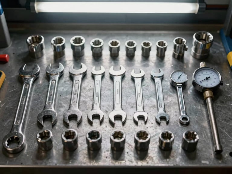 Close-up overhead of hardware tools — wrenches, sockets, and precision gauges — organized in grid formation on a metal factory workbench under strong overhead industrial lighting