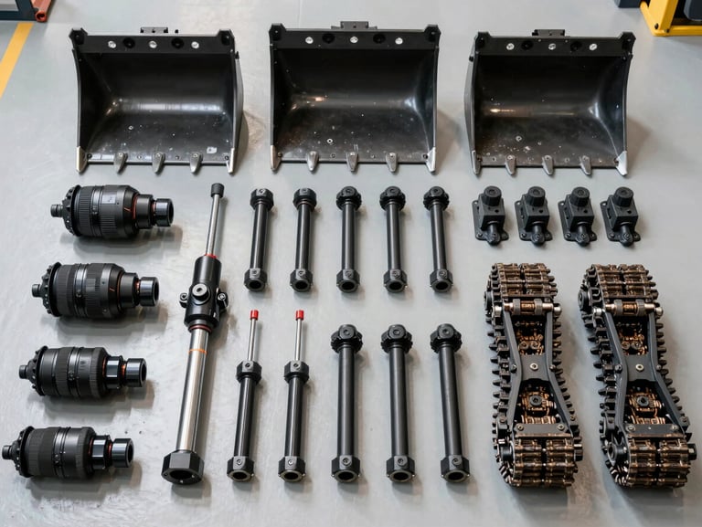 Overhead organized flat lay of construction vehicle attachments — bucket teeth, hydraulic pins, and track links — laid out in labeled rows on a factory inspection floor under bright overhead lighting